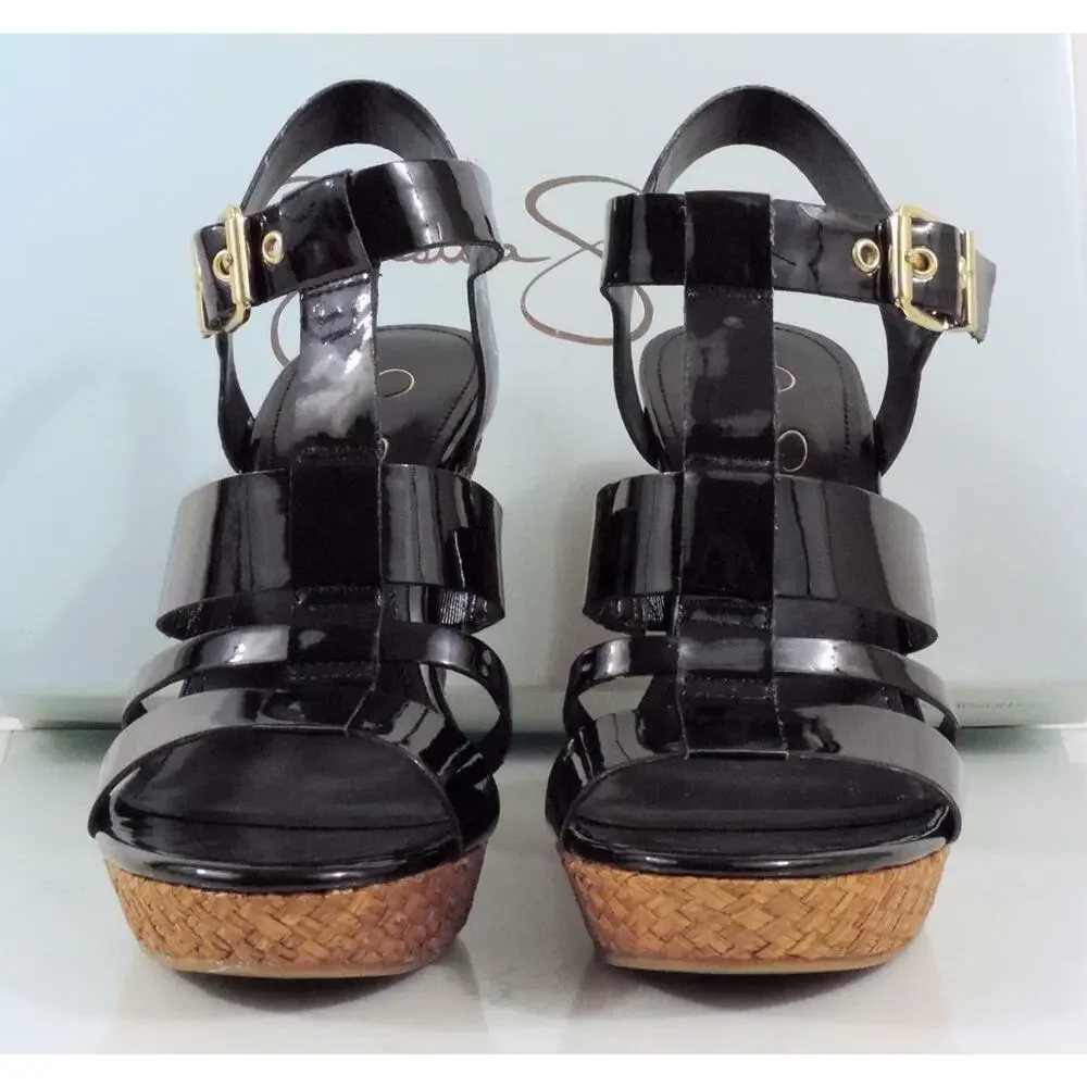 Jessica Simpson Casie 2 Platform Wedge Sandal Heels Black Patent Size 10